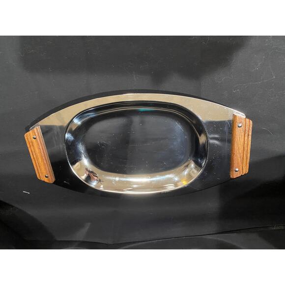 Kromex chrome serving tray, cheese tray, 1957 made in USA, wooden handles - Picture 4 of 7